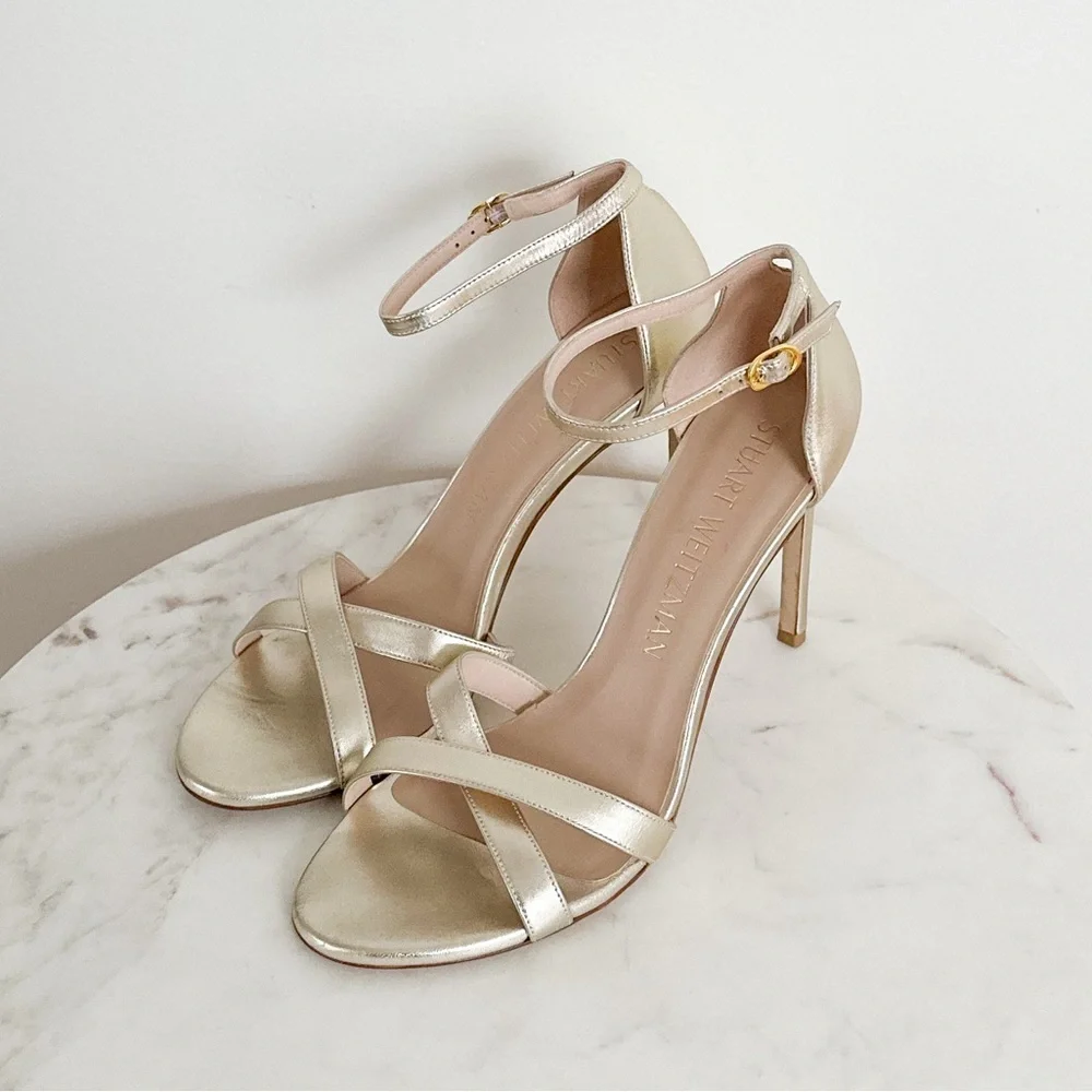 NEW Stuart Weitzman Nudistsong Metallic Cross Ankle Strap Sandals Size 11